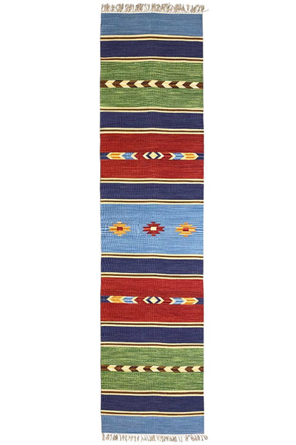 Modern kilim rug “Samak” with stripes in blue, green, red and multicolored patterns, fringes