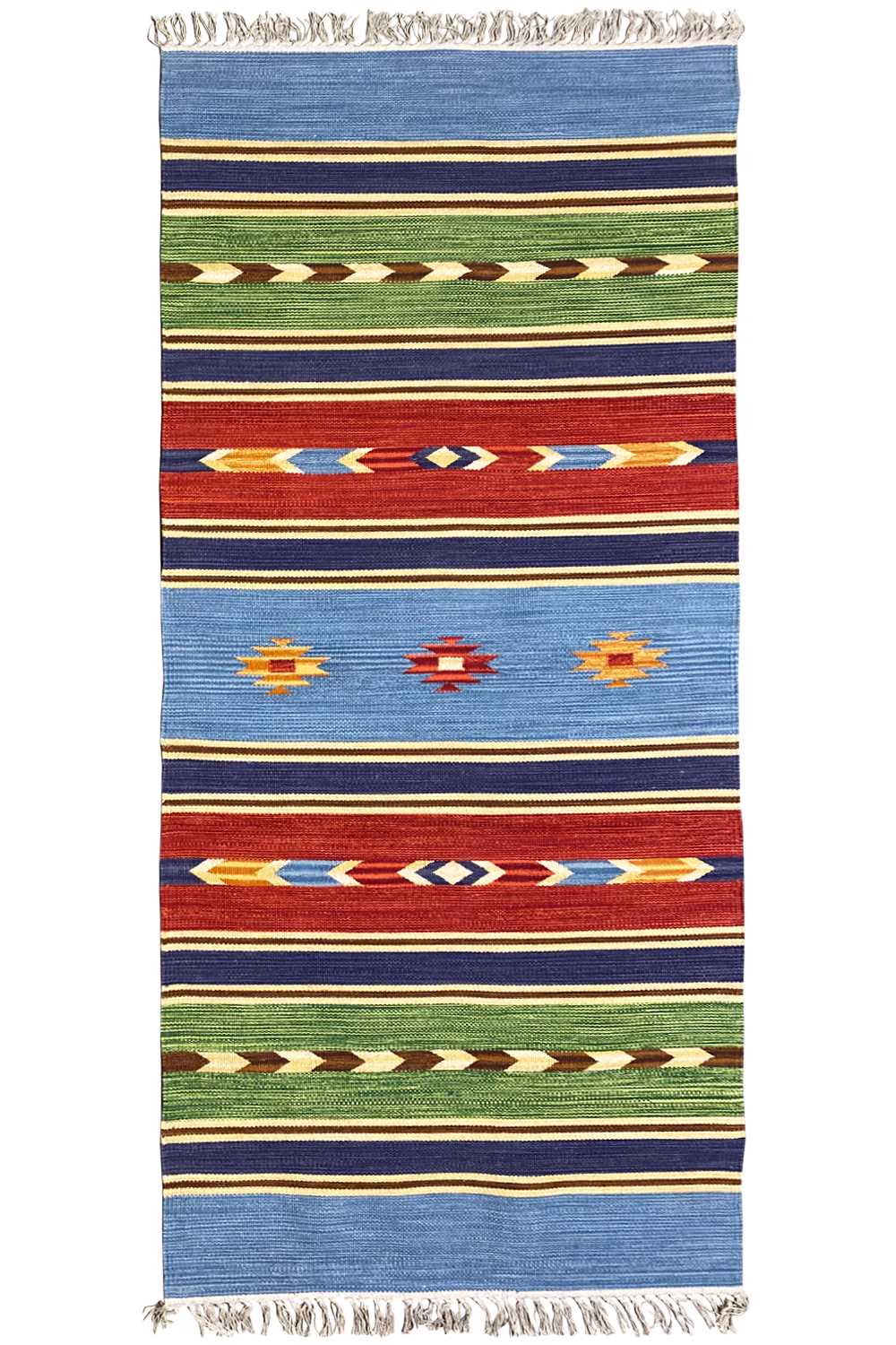 Blue kilim rug with stripes and colorful ornaments, fringes along the edges