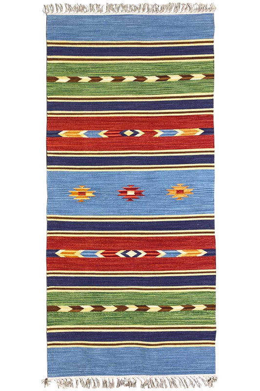 Blue kilim rug with stripes and colorful ornaments, fringes along the edges