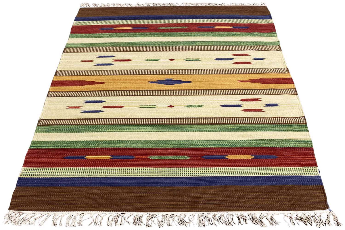 Modern kilim rug with a striped pattern, cream, green, red and blue, fringes