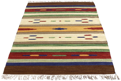 Modern kilim rug with a striped pattern, cream, green, red and blue, fringes