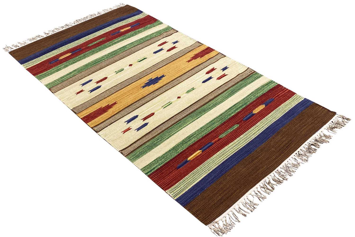 Modern kilim rug with geometric stripes and dots, cream, green, red, blue, fringe