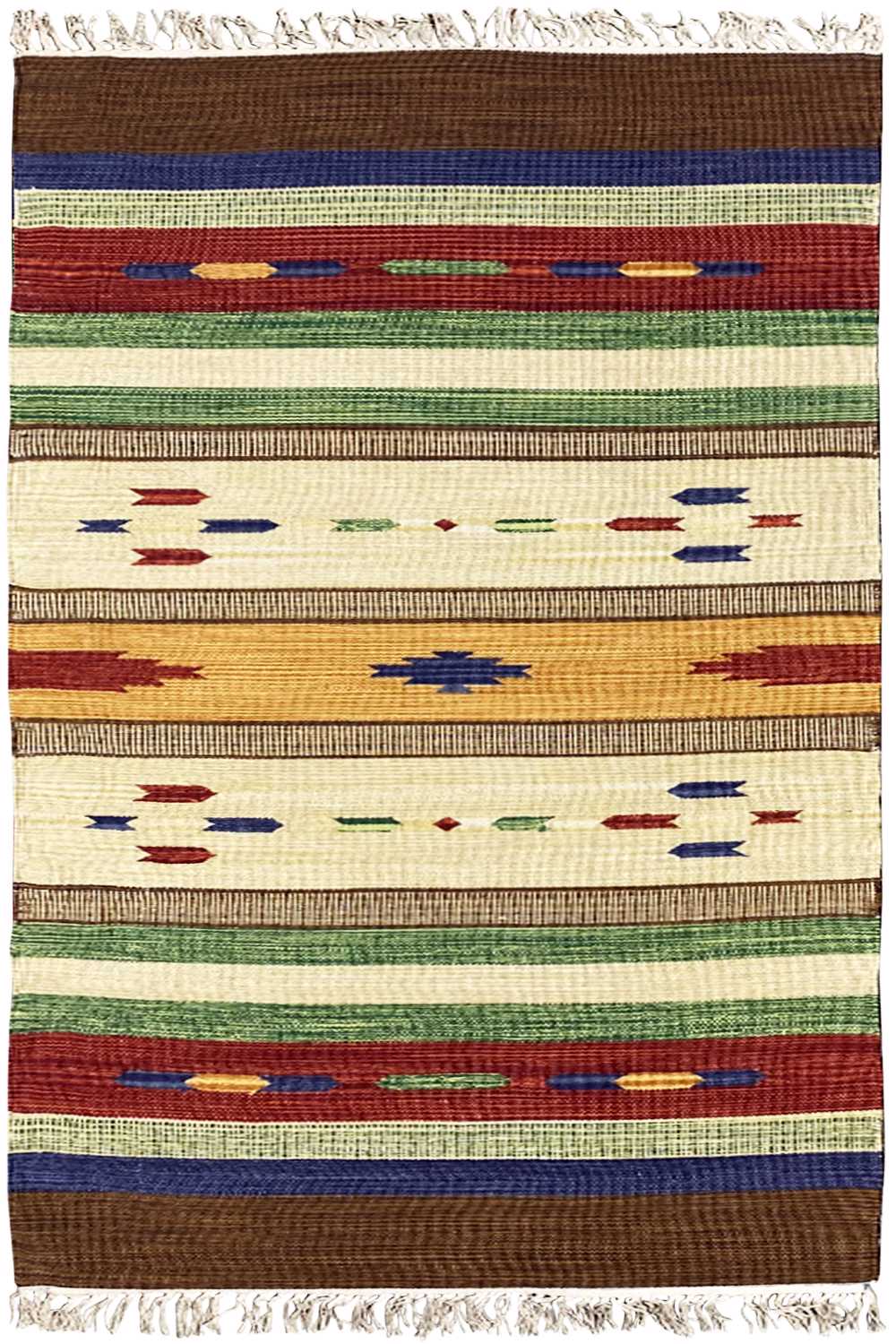 Kilim rug in landscape format with colorful stripes, cream and brown, geometric patterns, fringes