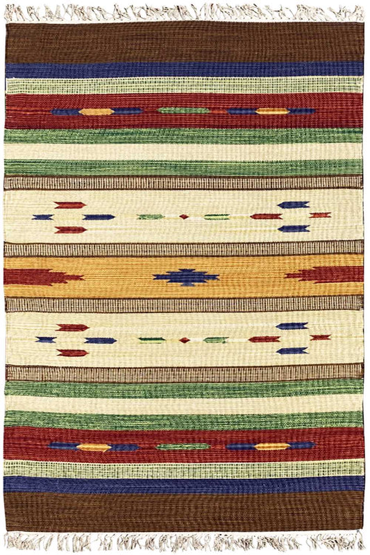 Kilim rug in landscape format with colorful stripes, cream and brown, geometric patterns, fringes