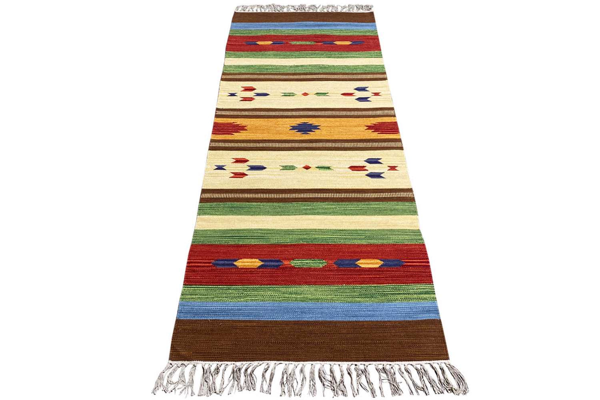 Shag rug with fringes and a geometric striped pattern in brown, beige, blue, and green
