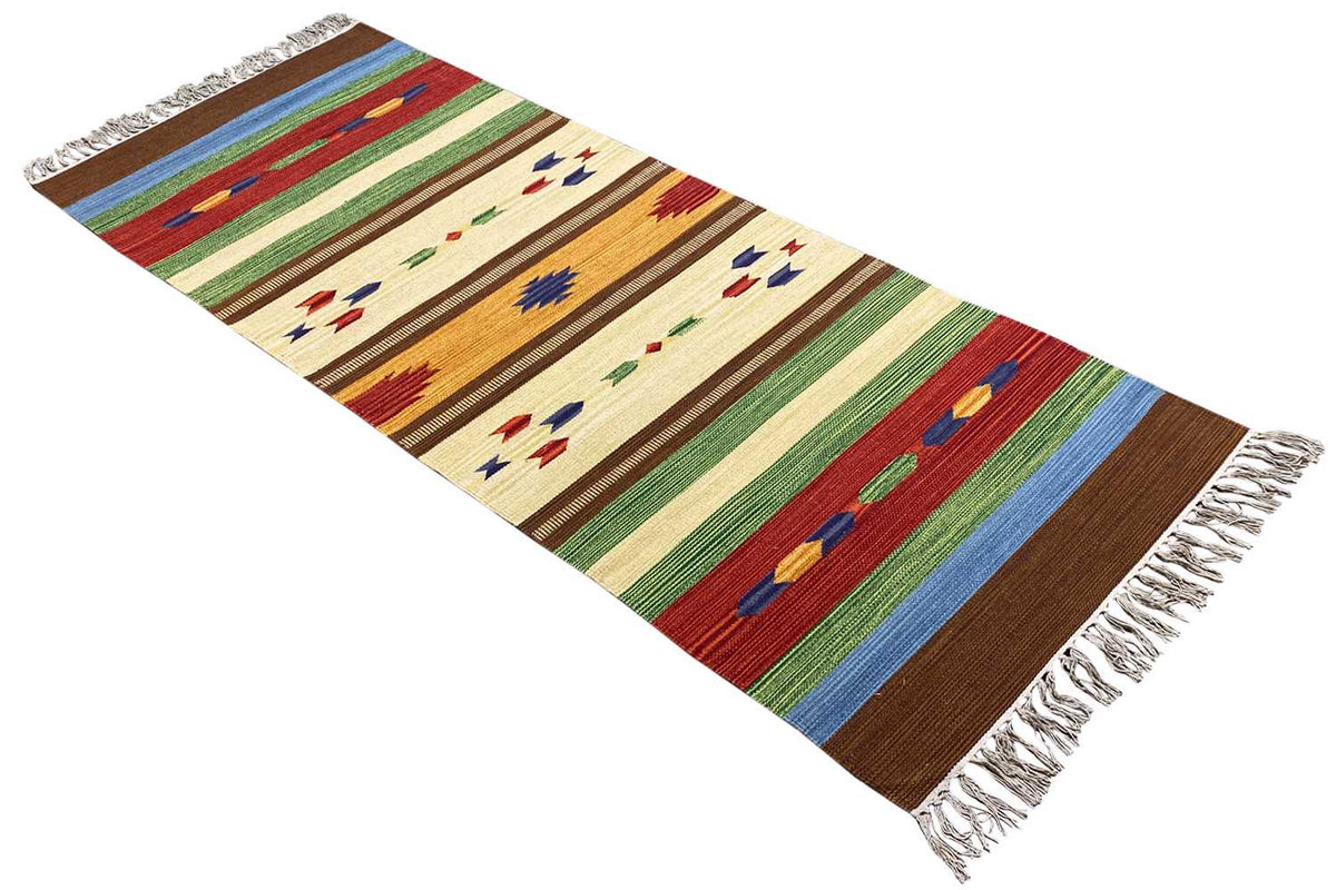 Rug with fringes, diagonal view: multicolored stripes with geometric patterns