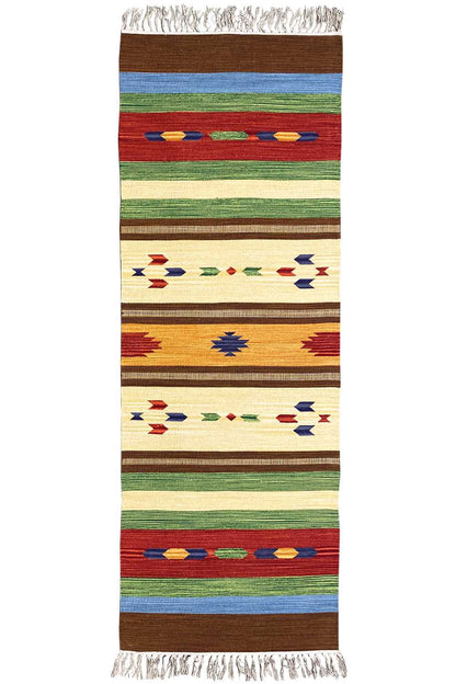 Modern kilim rug with fringes, striped pattern in blue, green, red, and beige