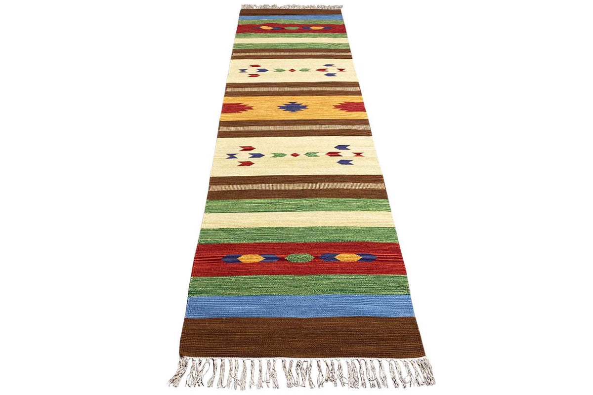 Kilim runner with stripes and small geometric motifs, multicolored, with fringes