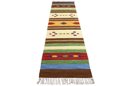Kilim runner with stripes and small geometric motifs, multicolored, with fringes