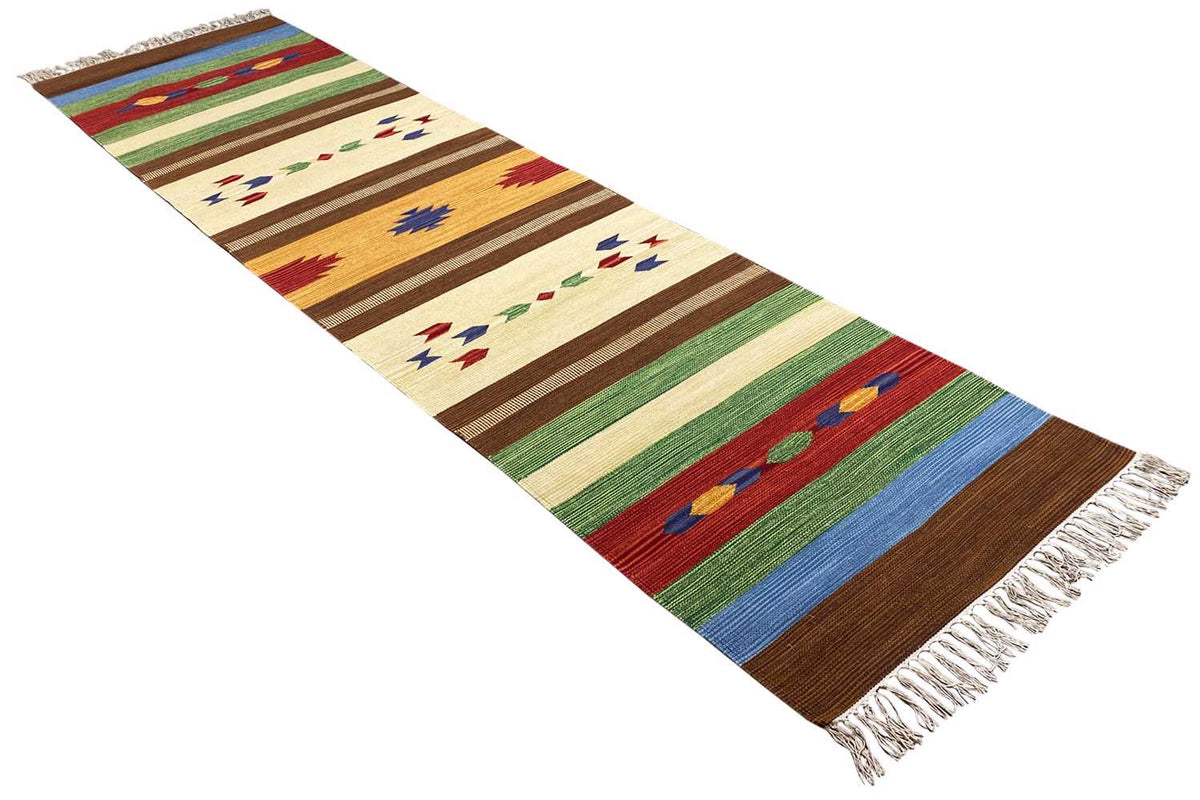Kilim runner with diagonal, multicolored stripes and geometric motifs, with fringes