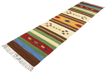Kelim runner with colorful stripes and star-like motifs, with fringes at both ends