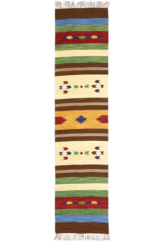 Kilim runner with a geometric pattern, multicolored stripes and fringe