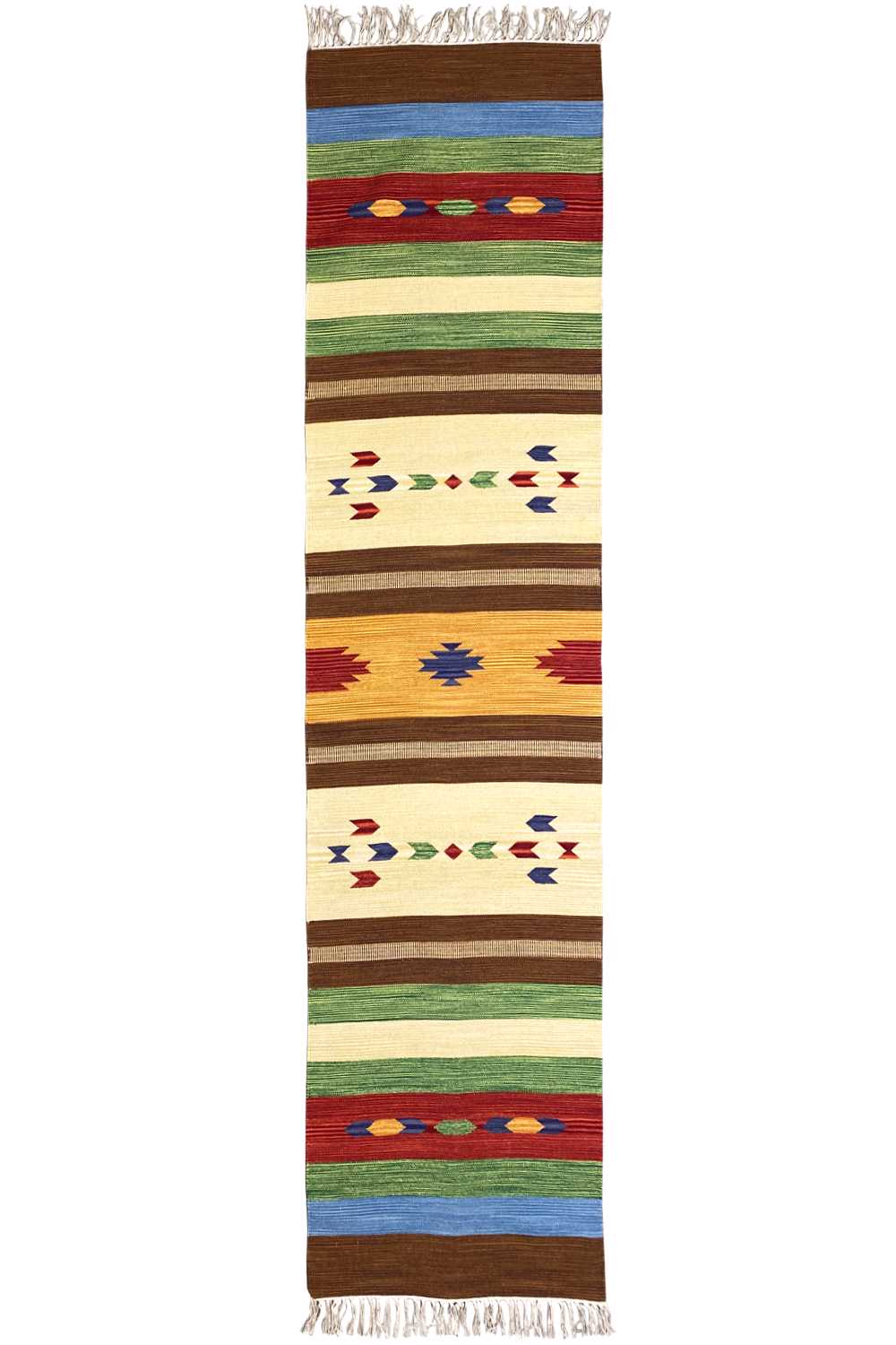Multicolored kilim rug with stripes and geometric patterns, with fringes