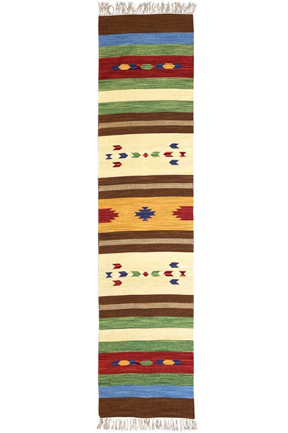 Multicolored kilim rug with stripes and geometric patterns, with fringes