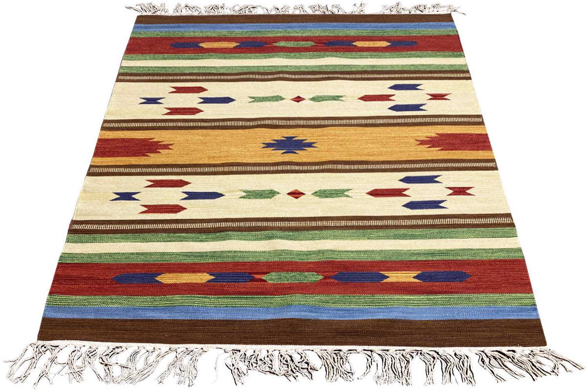 Modern Samak kilim rug, geometric striped kilim with fringes, multicolored