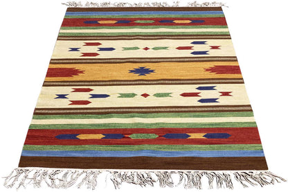 Modern Samak kilim rug, geometric striped kilim with fringes, multicolored