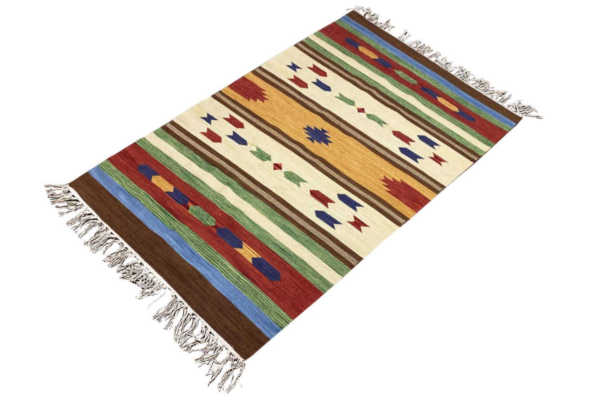 Modern Samak kilim rug, diagonal pattern with tassels, cream background and colorful stripes