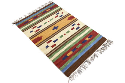 Modern Samak kilim rug, diagonally oriented, fringes and multicolored square motifs