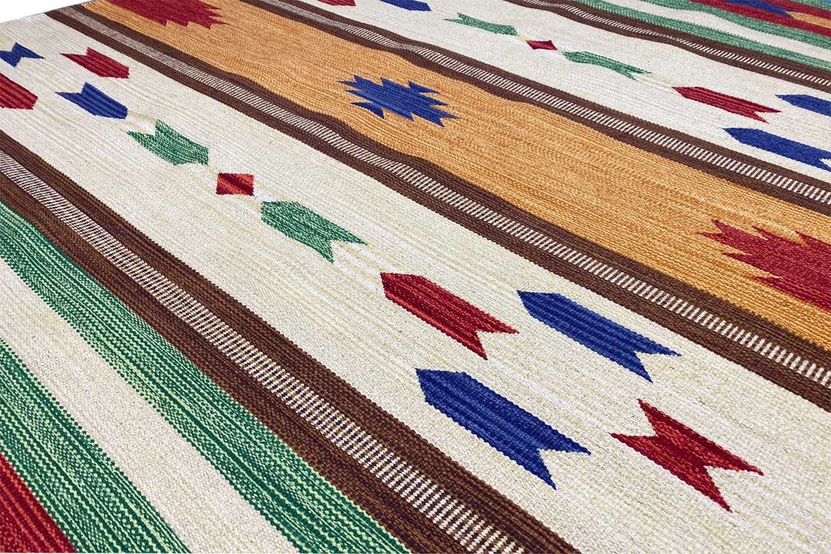 Modern Samak kilim rug (140x200 cm), geometric: cream, brown, green, blue, red