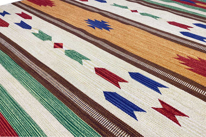 Modern Samak kilim rug (140x200 cm), geometric: cream, brown, green, blue, red
