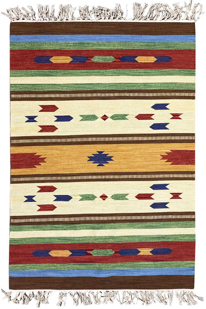 Modern Samak kilim rug with fringes, wide striped pattern in blue, green, red, and cream