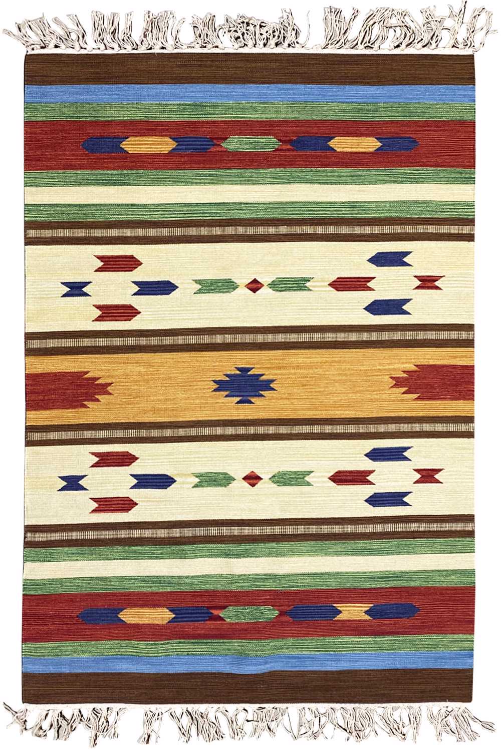 Kilim rug with high-contrast stripes, colorful diamond and arrow motifs, fringes at the top and bottom