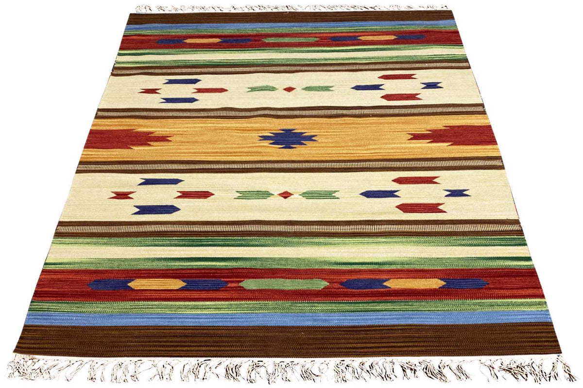 Kilim rug with multicolored stripes and diamonds, fringes