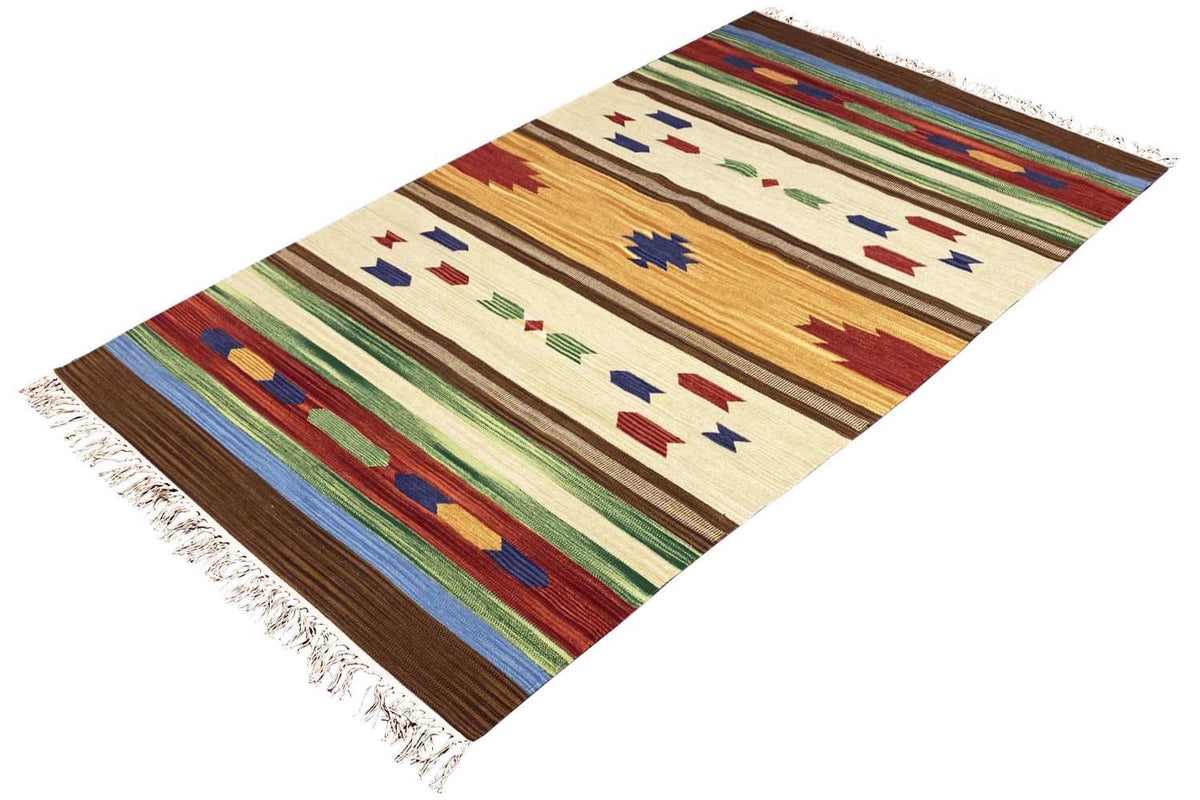 Beige kilim rug with colorful stripes and cross patterns, fringes