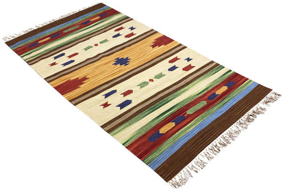 Kilim rug with colorful stripes and geometric patterns, fringes