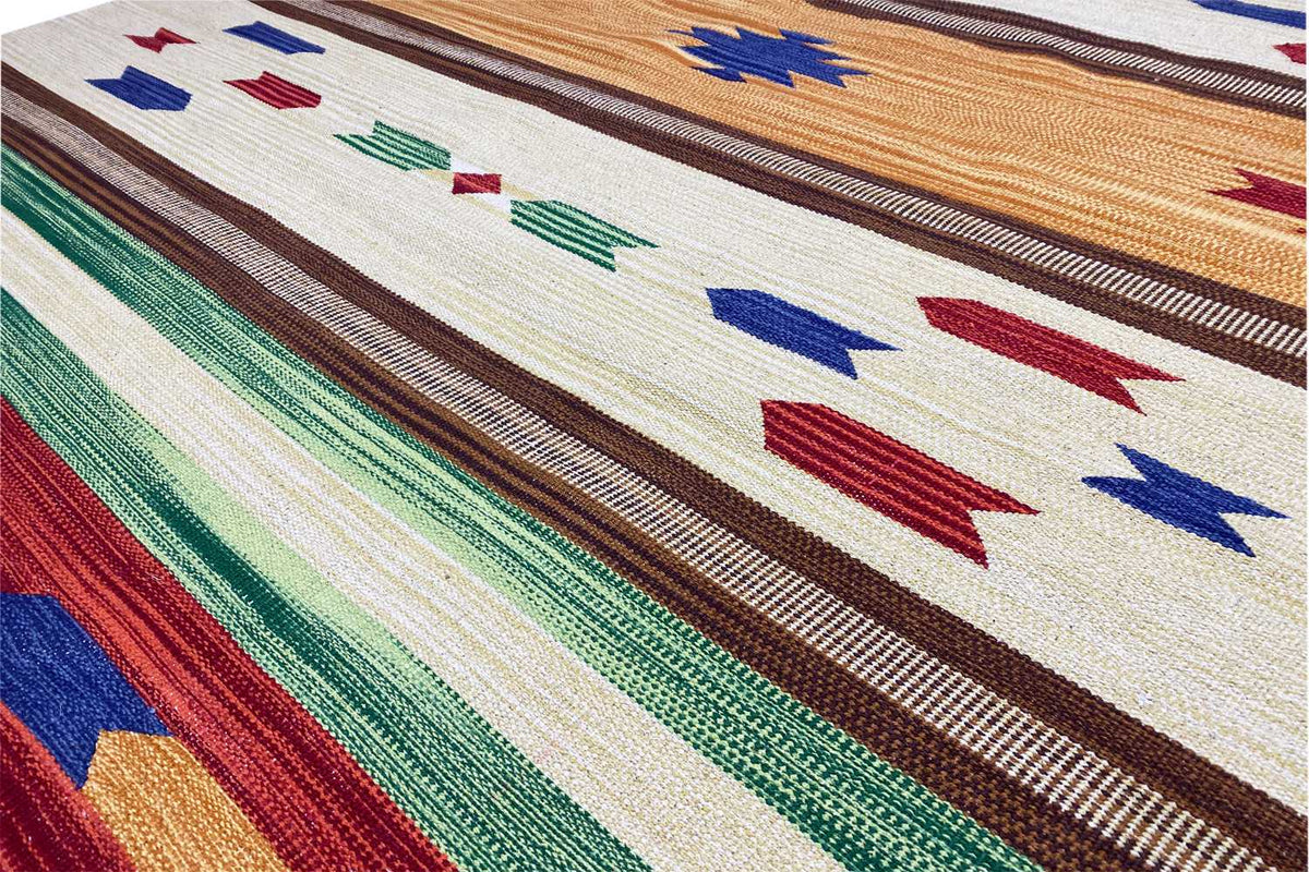 Kilim rug with star and diamond motifs, stripes in beige, green, and blue