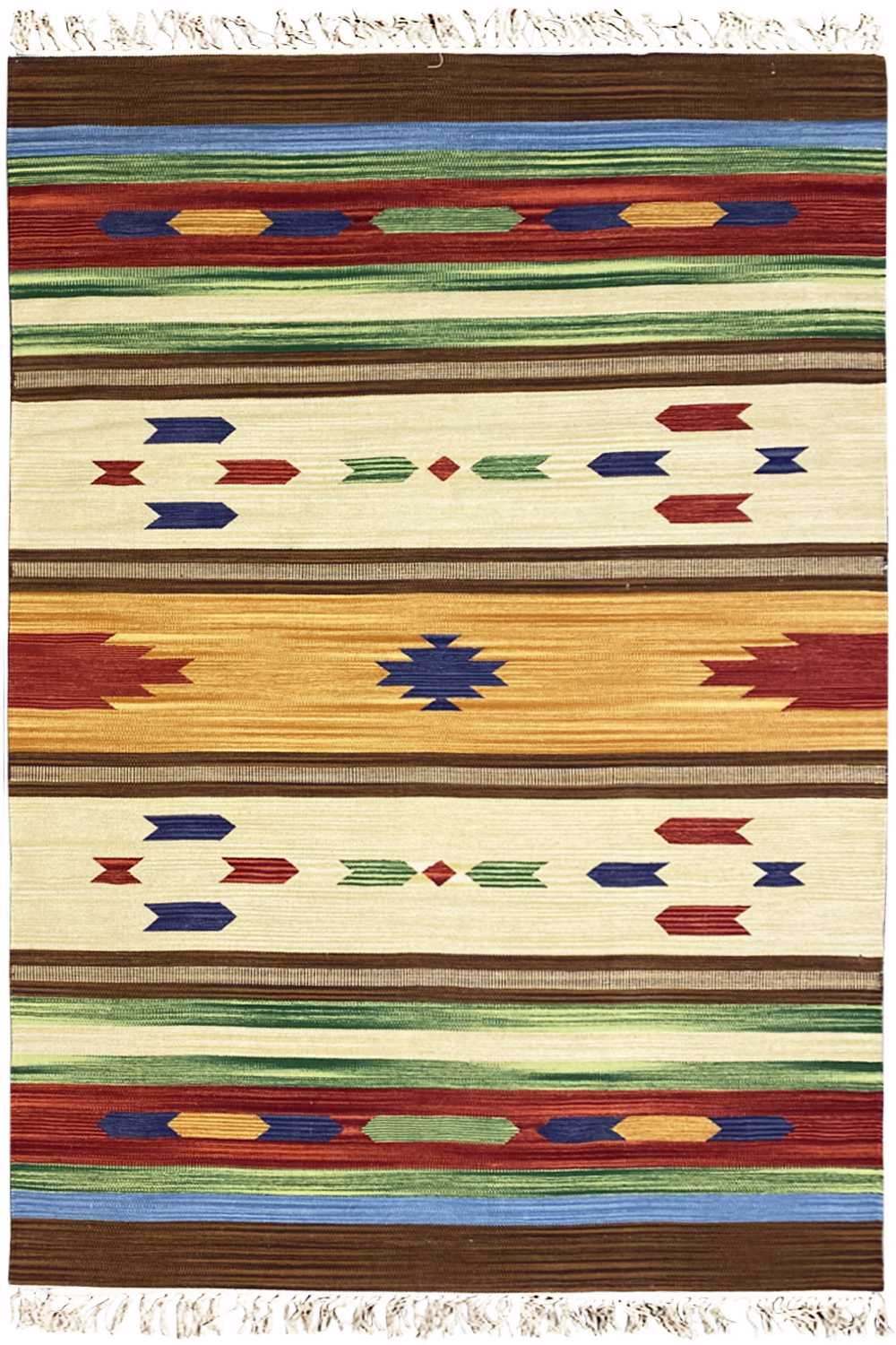 Kilim rug with multicolored stripes and decorative patterns, fringes along the edge