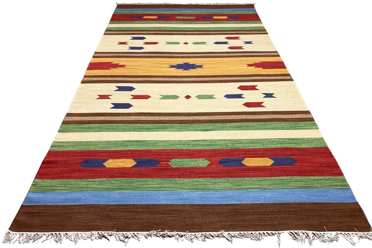 Modern kilim rug with multicolored stripes and geometric motifs, fringes