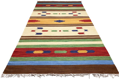 Modern kilim rug with multicolored stripes and geometric motifs, fringes