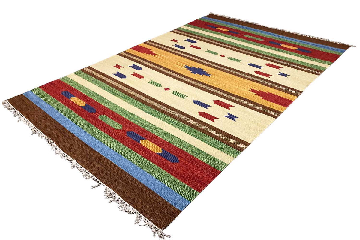 Modern kilim rug, angled: striped pattern with colorful geometric shapes and fringes