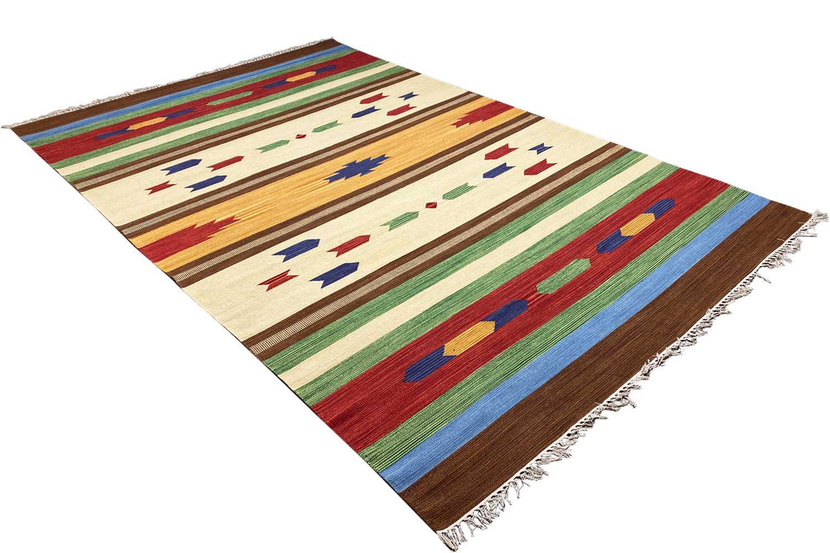 Modern kilim rug in an oblique view with multicolored stripes and geometric symbols