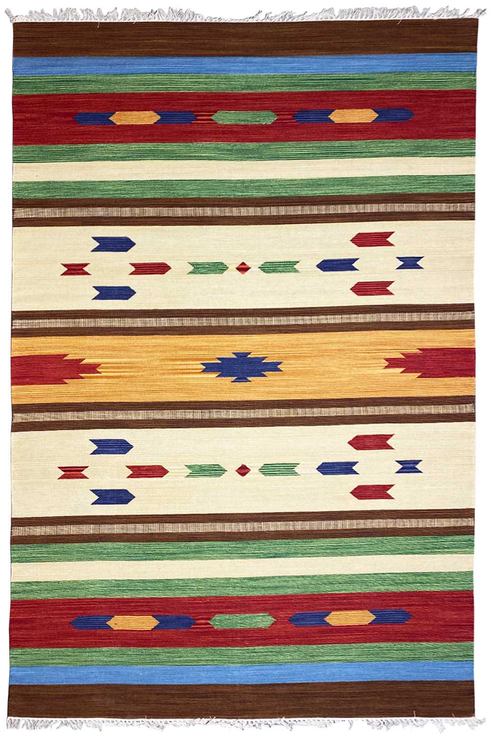 Modern kilim rug with an all-around border, colorful stripes and geometric shapes, fringes