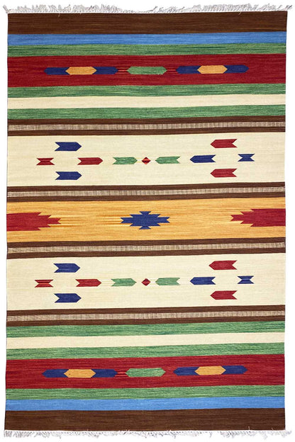 Modern kilim rug with an all-around border, colorful stripes and geometric shapes, fringes