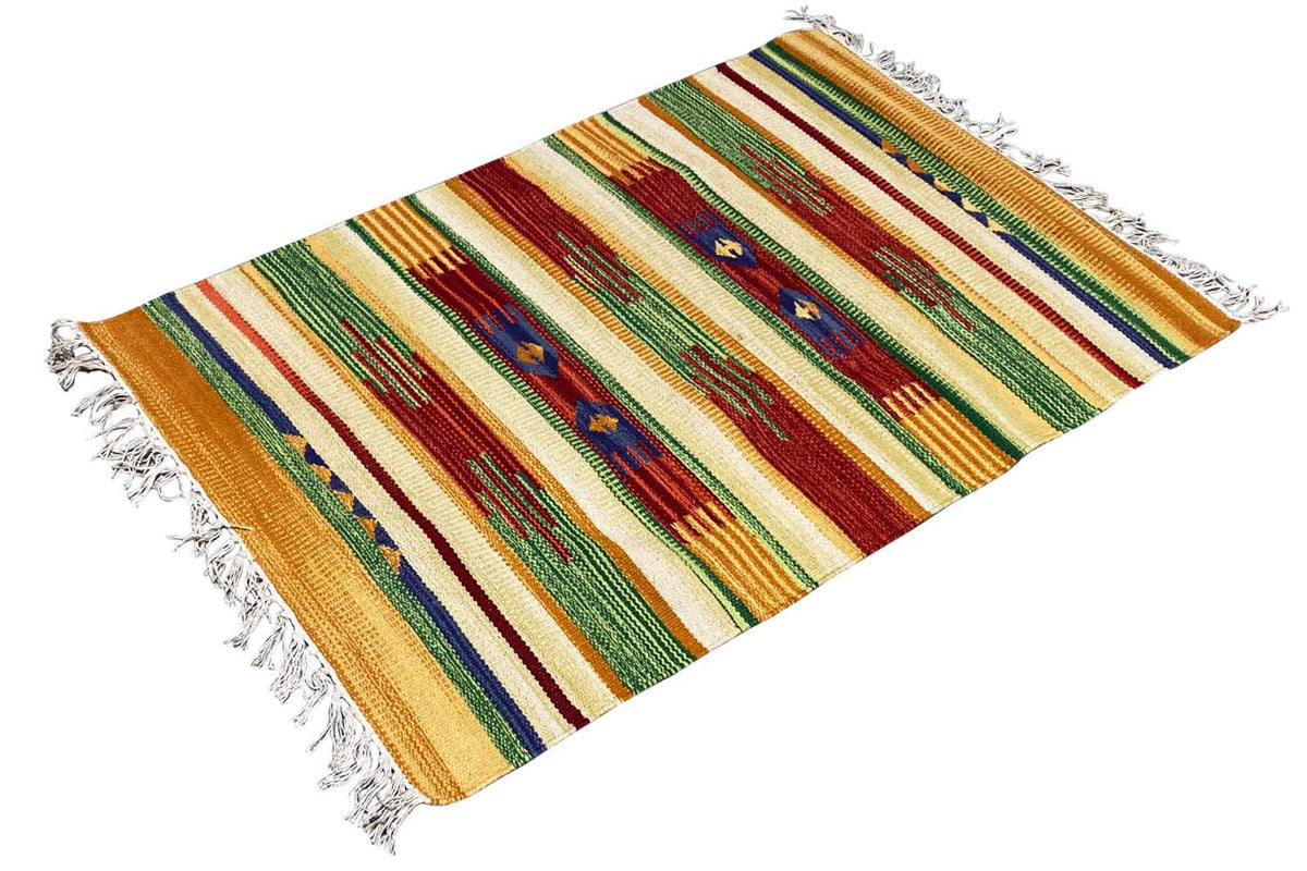Kilim rug with striped pattern and fringes, multicolored