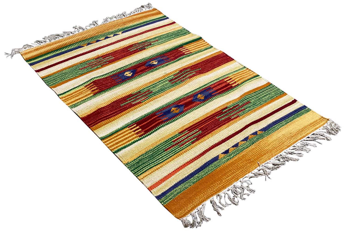 Kilim rug with a geometric striped pattern and fringes, multicolored