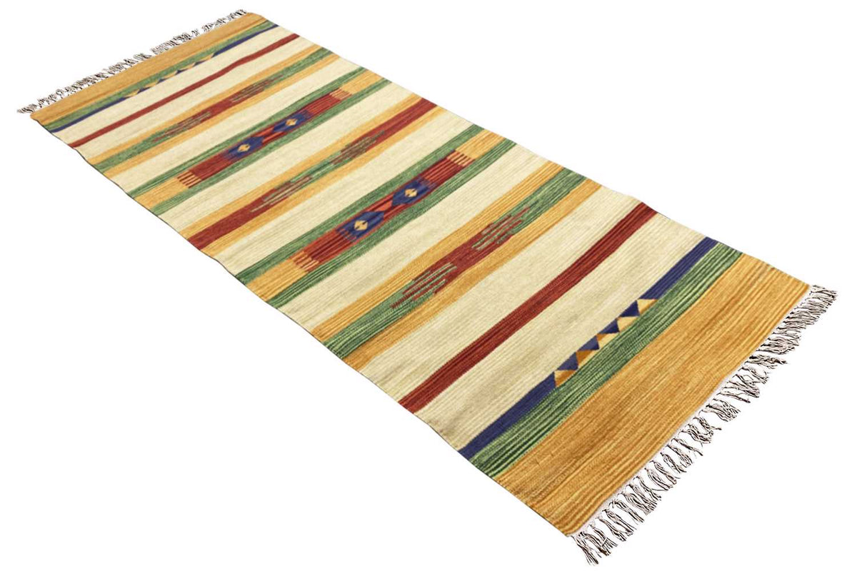 Kilim rug with a striped pattern in cream, green, blue and red, long fringes
