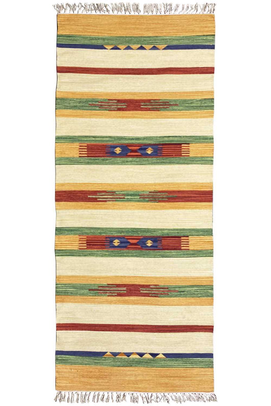 Kilim rug with multicolored stripes and fringes, cream, green, blue, red