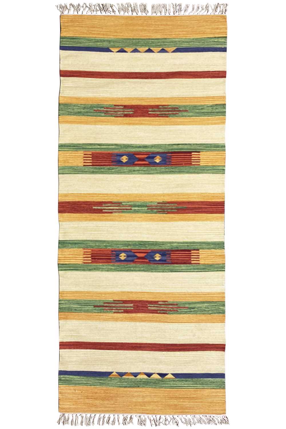 Oblong kilim rug: horizontal striped pattern in cream, green, blue, and red, fringes