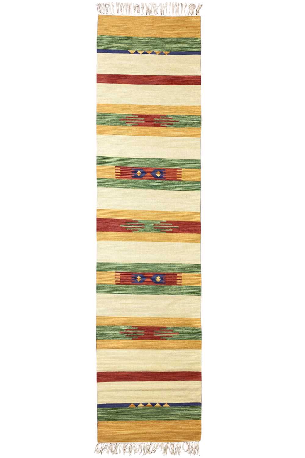 Kilim runner with colorful stripes, relief weave, and fringes at both ends