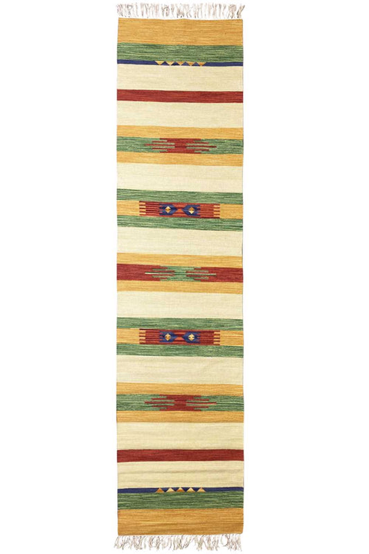 Kilim runner with colorful stripes, relief weave, and fringes at both ends