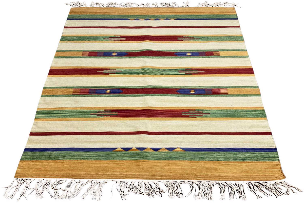 Modern Samak kilim rug, striped and multicolored, with fringes on all edges