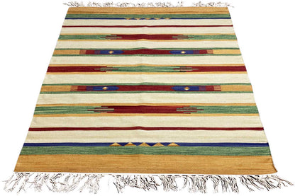 Modern Samak kilim rug, striped and multicolored, with fringes on all edges