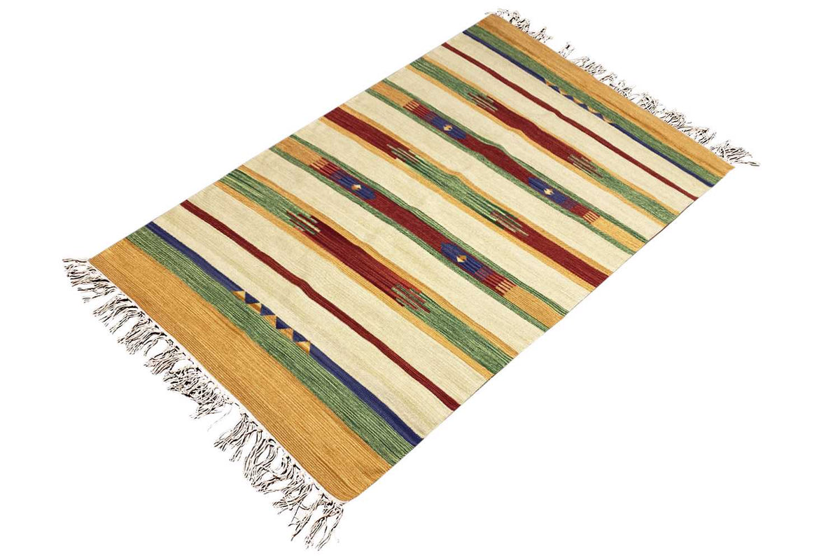 Modern Samak kilim rug, diagonal view: striped pattern and fringes at the corners
