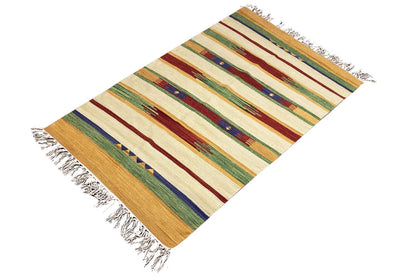 Modern Samak kilim rug, diagonal view: striped pattern and fringes at the corners