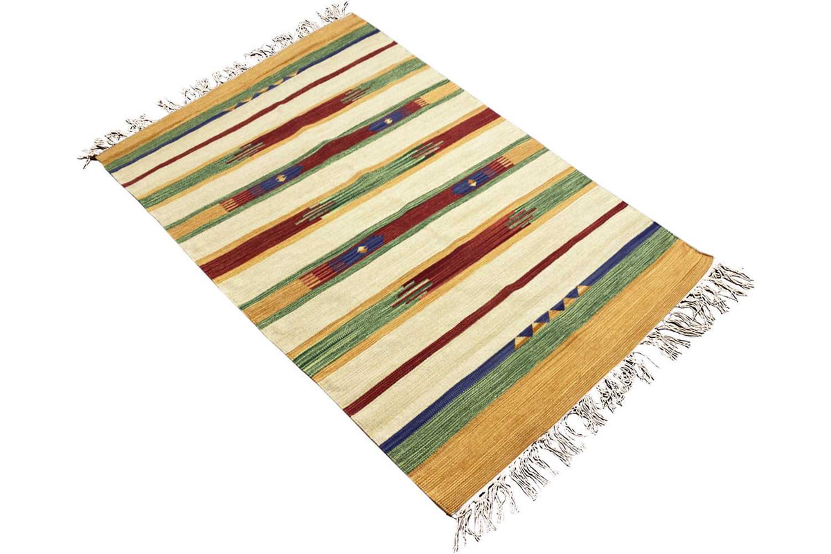 Modern Samak kilim rug, spread at an angle: stripes with small shapes, fringes