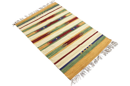 Modern Samak kilim rug, spread at an angle: stripes with small shapes, fringes